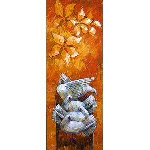 Iqbal Durrani, Autumn Gathering, 18 x 48 Inch, Oil on Canvas, Pigeon Painting, AC-IQD-245